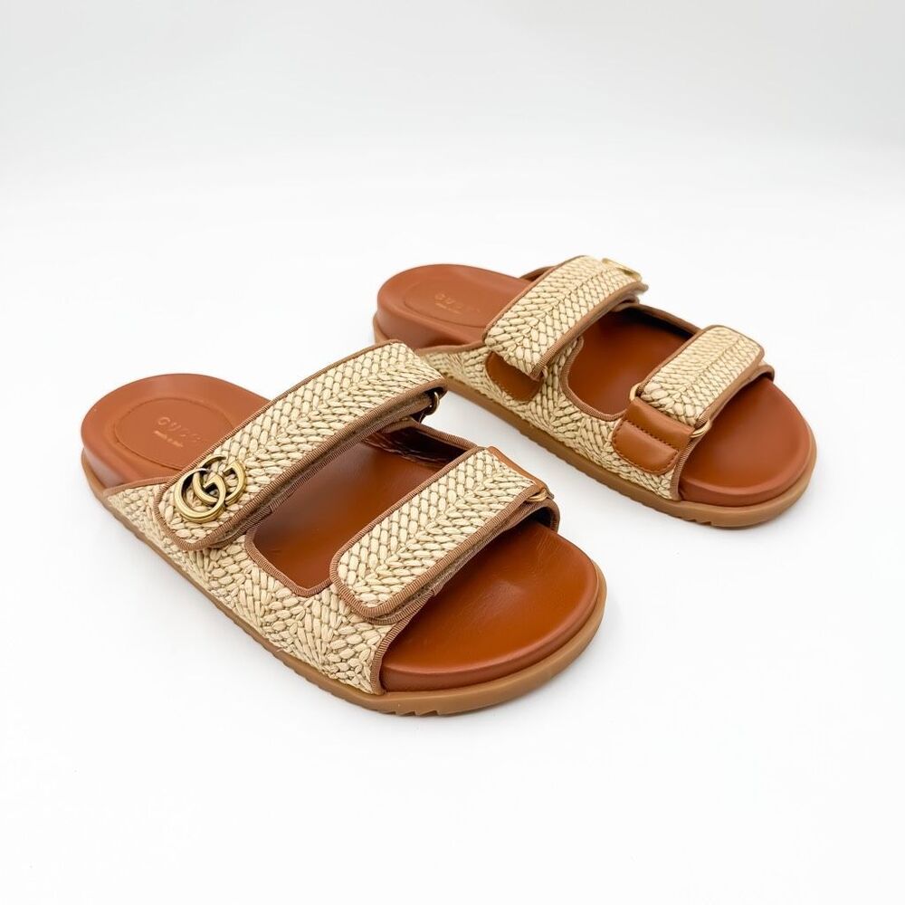 Gucci GG Logo Monogram Raffia Sandals Slides EU 38 US 8